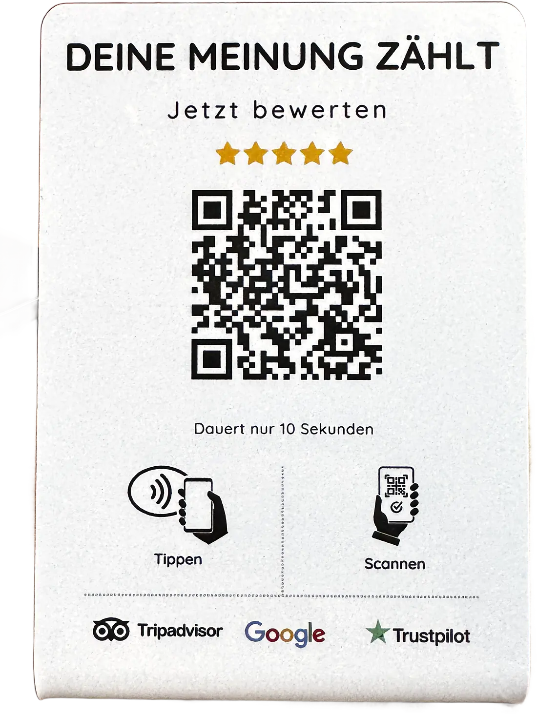 Der Bewertungs-Aufsteller: weißer Tischaufsteller mit QR-Code, NFC-Feld und den Hinweisen „Tippen" und „Scannen"
