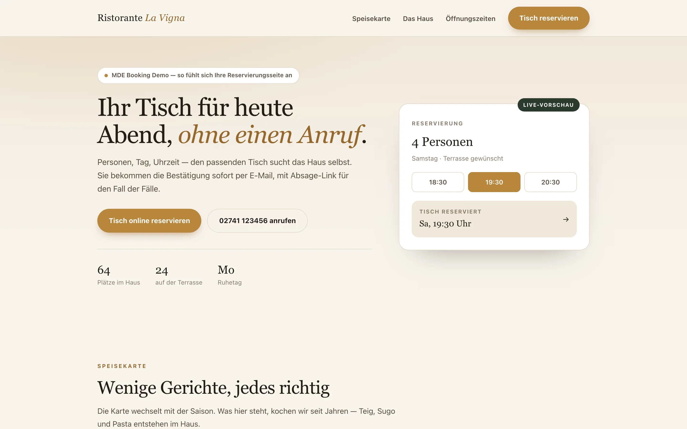 Reservierungsseite des Demo-Restaurants „Ristorante La Vigna“: Kopfbereich mit Reservierungskarte, drei Uhrzeiten zur Auswahl